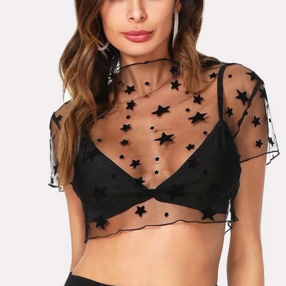Star Print Sheer Mesh Crop Top